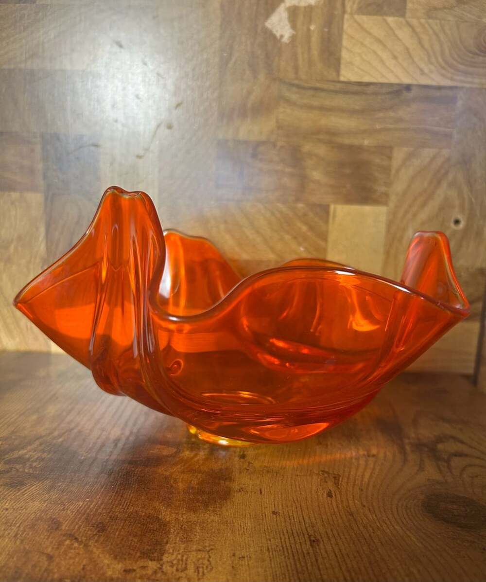 Orange Art Glass Ruffled Handkerchief Bowl Centerpiece